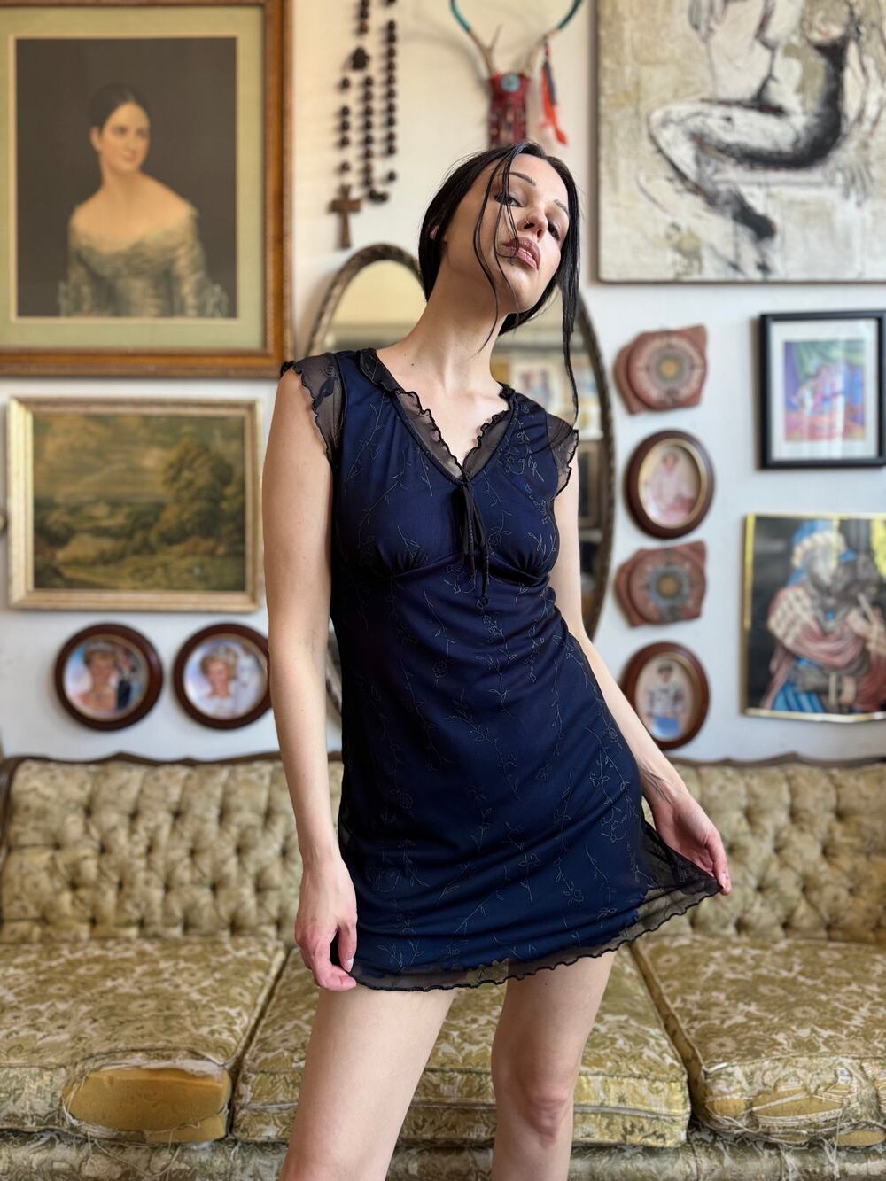 Y2k No Boundaries Floral Navy Babydoll Dress w/ Black Sheer Overlay Size Medium